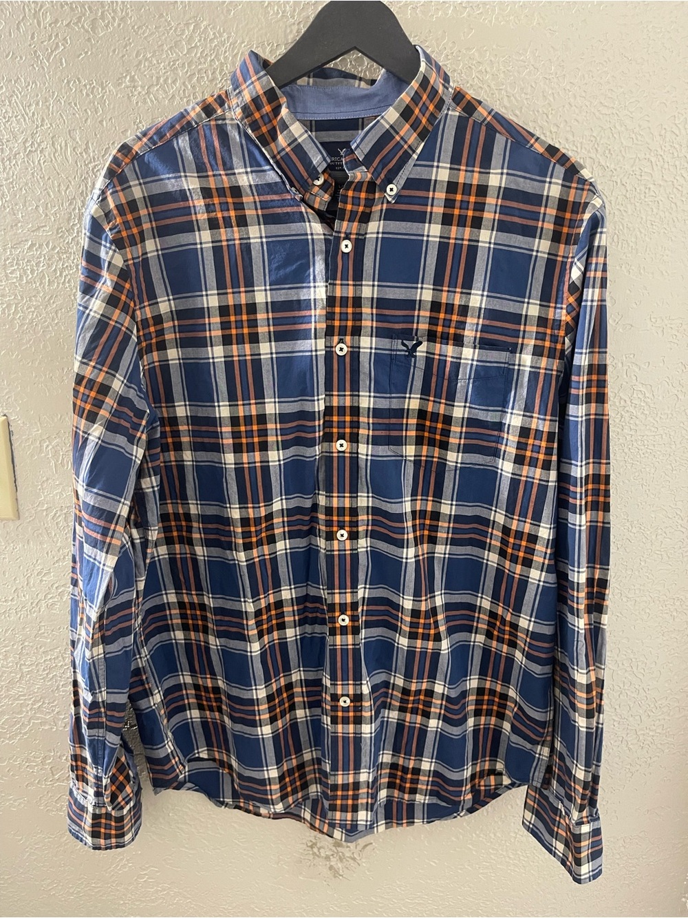 American Eagle Outfitters Men's Navy & Orange Plaid Button-Down Shirt Large
